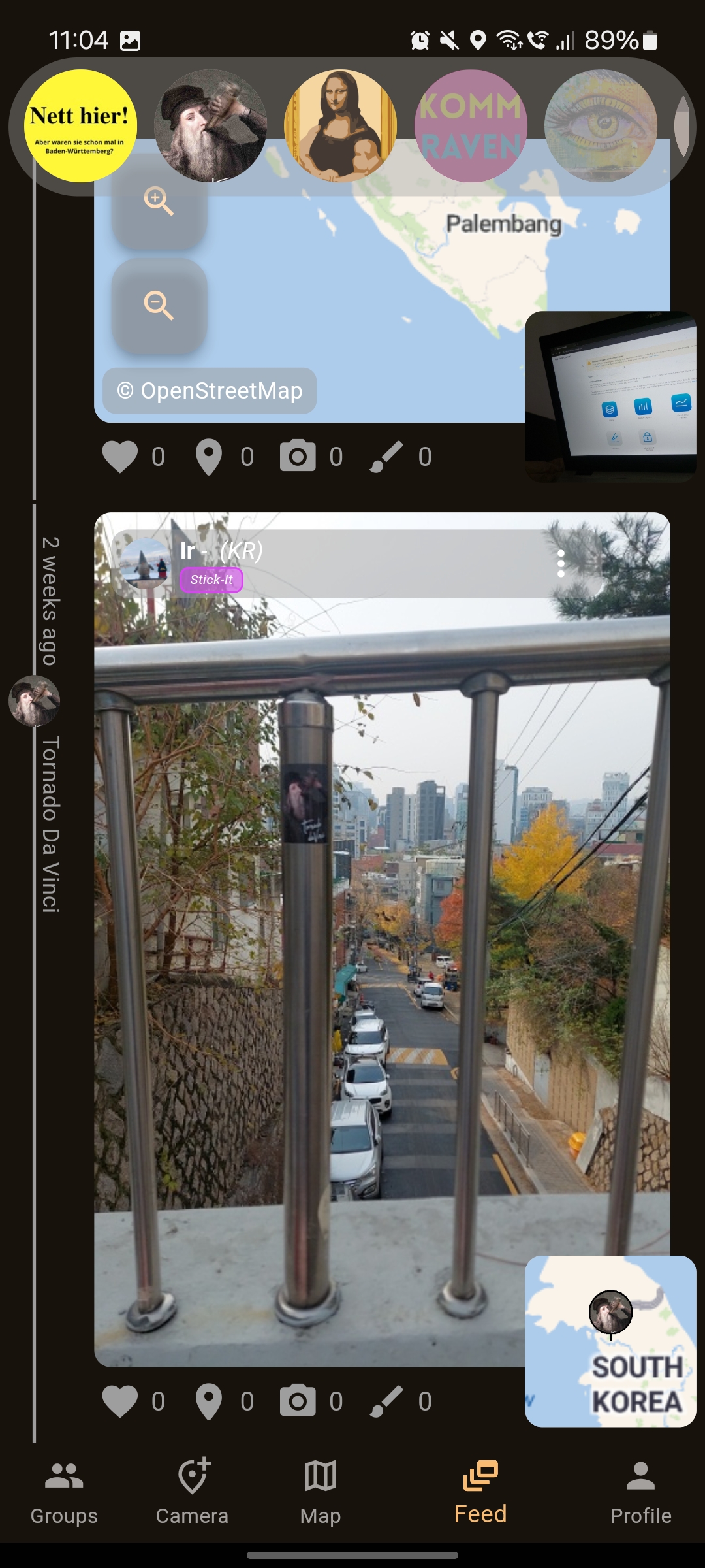 Stick-It Map feed filled with photos and sticker updates